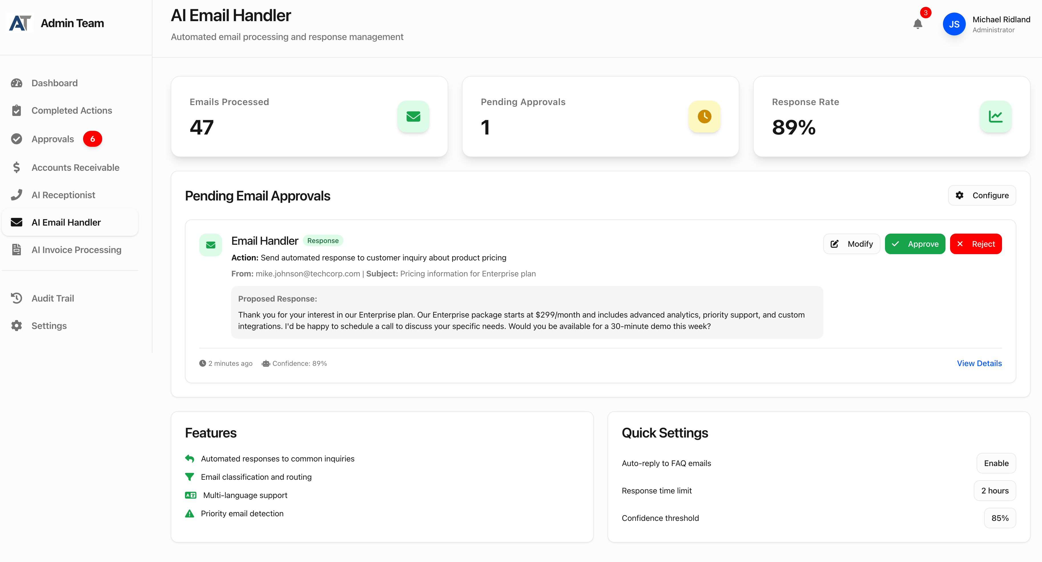AI Email Support managing inbox and drafting replies
